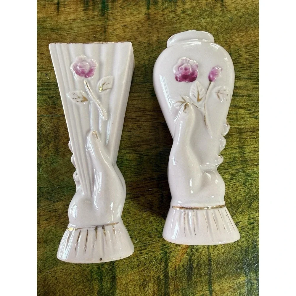 Pair Royal Japan Hand Holding Vases Pink Rose Hand Painted Ceramic Vintage decor